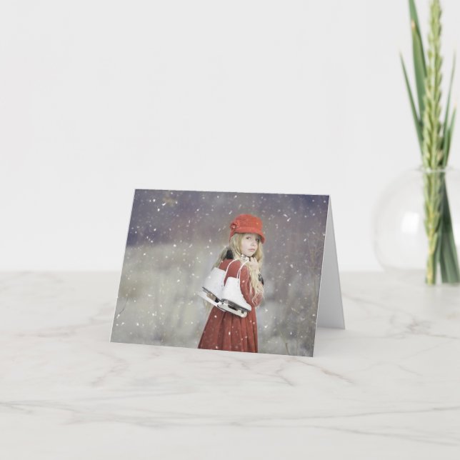 Cartes Pour Fêtes Annuelles Fille enneigée avec patins à glace Noël Fêtes (Devant)