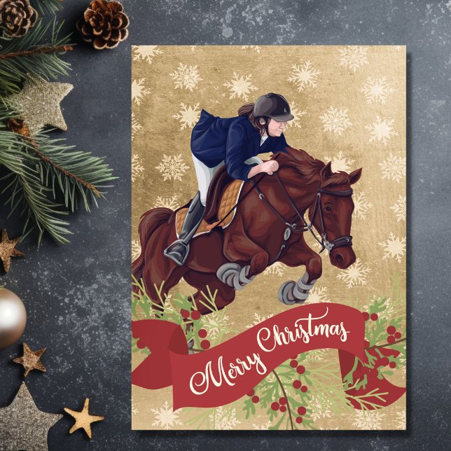 Cartes Pour Fêtes Annuelles Fille et Cheval Joyeux Noël Golden (Front - Girl and Horse Jumping Merry Christmas Golden Holiday Card)