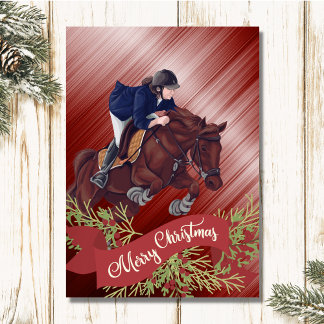 Cartes Pour Fêtes Annuelles Fille et Cheval Joyeux Noël Rouge