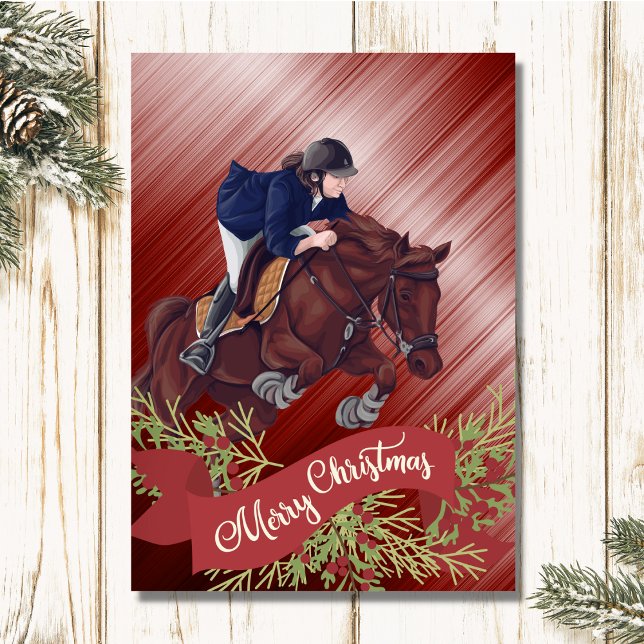 Cartes Pour Fêtes Annuelles Fille et Cheval Joyeux Noël Rouge (Créateur téléchargé)