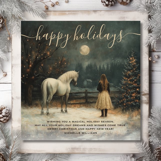 Cartes Pour Fêtes Annuelles Fille et cheval | Pleine lune Noël d'hiver (Front - Girl and Horse  Full Moon Winter Christmas Holiday Card)