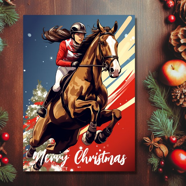 Cartes Pour Fêtes Annuelles Fille et Cheval Sautant Joyeux Noël (Front - Girl and Horse Jumping Merry Christmas Holiday Card)