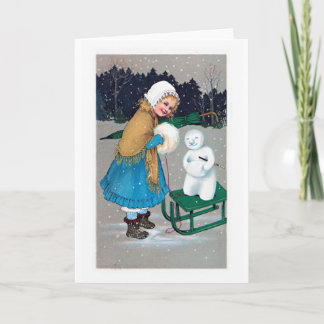Cartes Pour Fêtes Annuelles fille et snowan, rétro