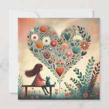 Fille Fantaisiste et Chat à Côté d'un Cœur Floral