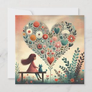 Cartes Pour Fêtes Annuelles Fille Fantaisiste et Chat à Côté d'un Cœur Floral