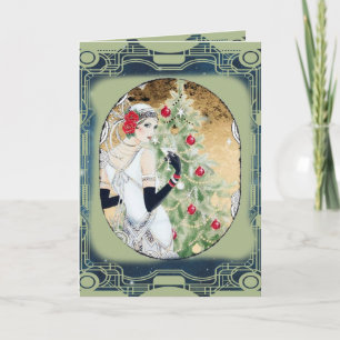 Cartes Pour Fêtes Annuelles Fille Flapper de Noël avec boisson et arbre