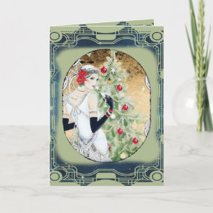 Cartes Pour Fêtes Annuelles Fille Flapper de Noël avec boisson et arbre