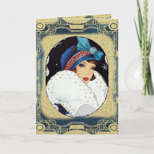Cartes Pour Fêtes Annuelles Fille Flapper de Noël en gros manteau de fourrure 