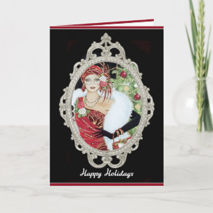 Cartes Pour Fêtes Annuelles Fille Flapper de Noël Robe Rouge et Or Éblouissant