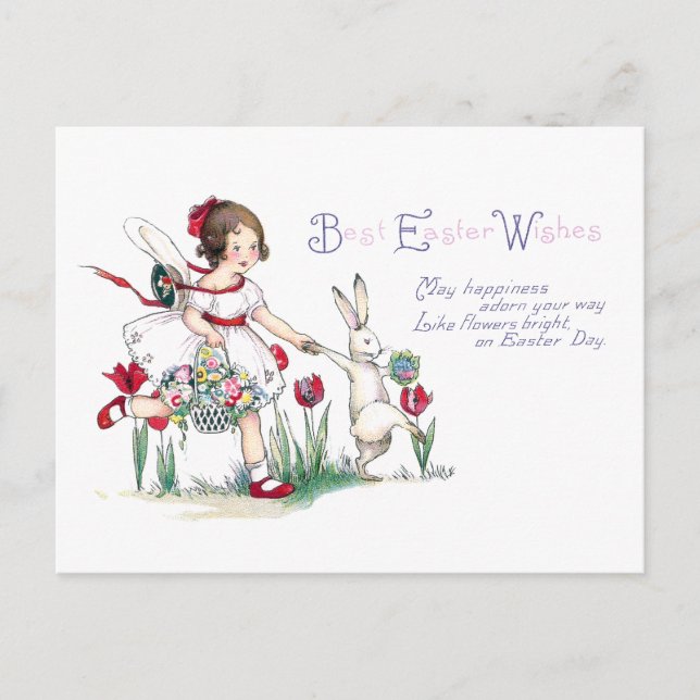 Cartes Pour Fêtes Annuelles Fille, lapin et fleurs de Pâques (Devant)