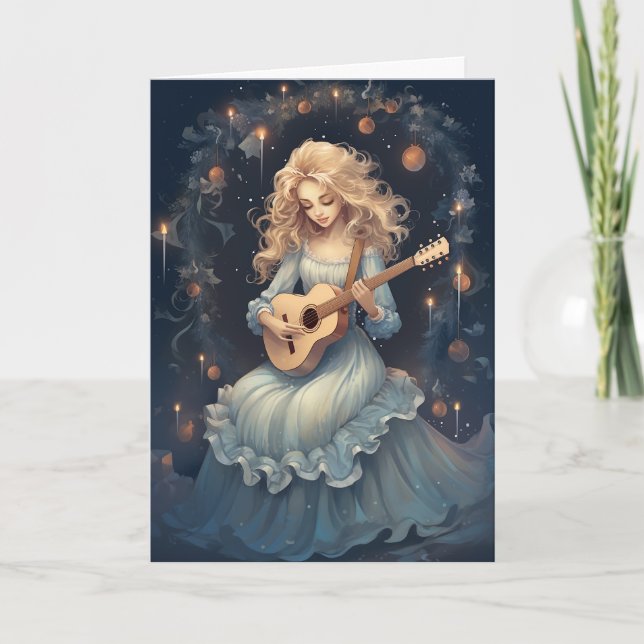 Cartes Pour Fêtes Annuelles Fille magique d'hiver jouant de la guitare Musique (Devant)