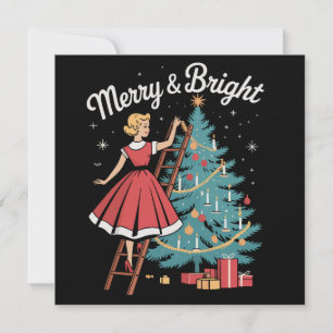 Cartes Pour Fêtes Annuelles Fille Merry Bright Vintage Décorant l'Arbre de Noë