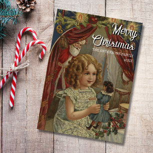 Cartes Pour Fêtes Annuelles Fille nostalgique vintage, Père Noël et poupée