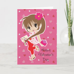 Cartes Pour Fêtes Annuelles Fille rose mignonne de Chibi de Saint-Valentin