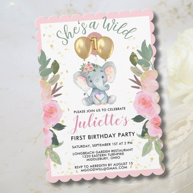 Cartes Pour Fêtes Annuelles Fille rose sauvage Eléphant premier anniversaire (Créateur téléchargé)