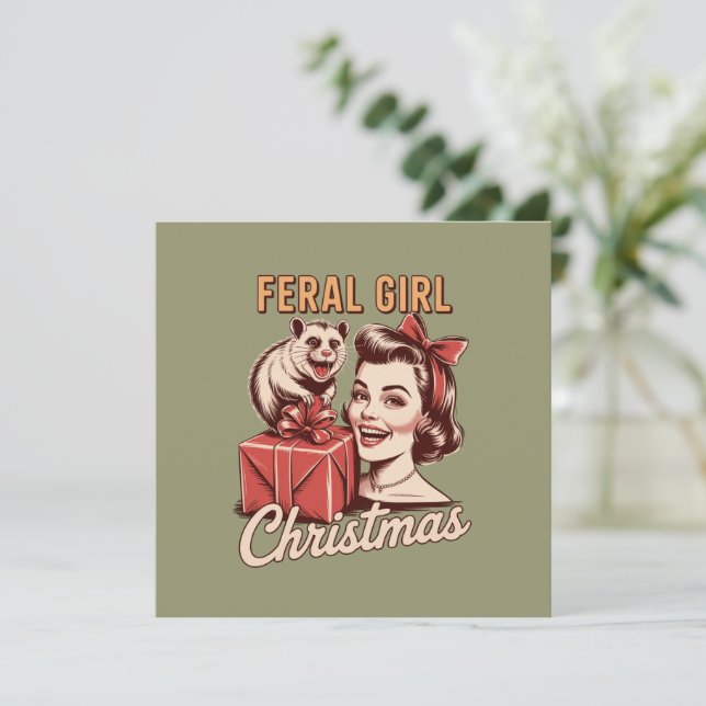 Cartes Pour Fêtes Annuelles Fille Sauvage Noël Opossum Noël Rétro Démodé (Debout devant)