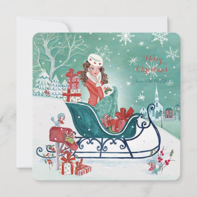 Cartes Pour Fêtes Annuelles Fille Shopping Sleigh de Noël - Salutations (Devant)