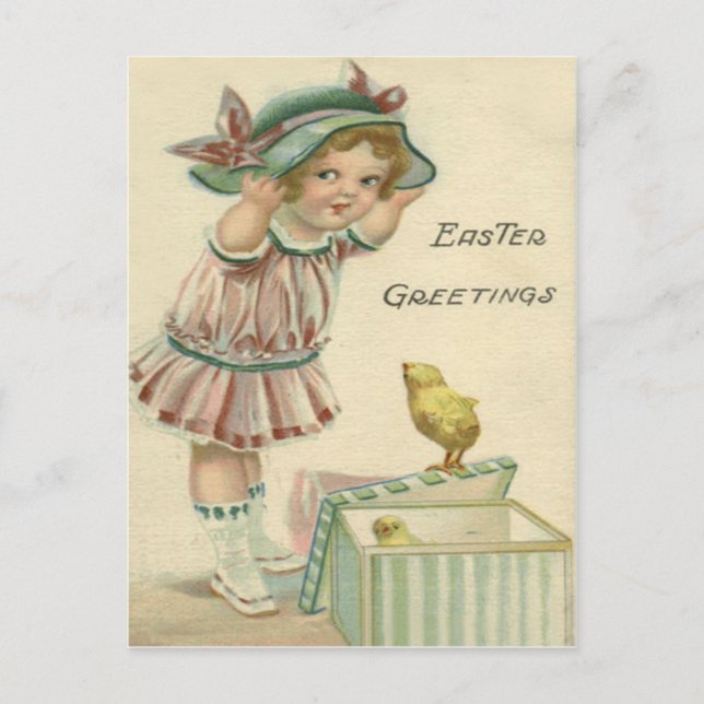 Cartes Pour Fêtes Annuelles Fille victorienne présente poussin de Pâques (Devant)
