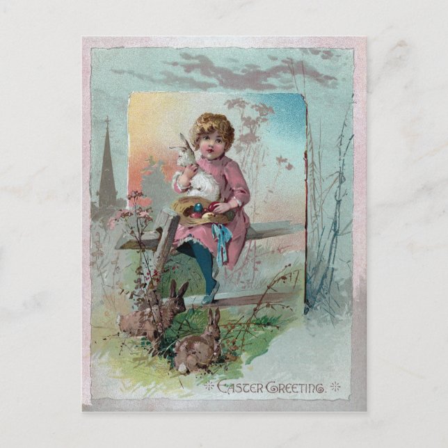 Cartes Pour Fêtes Annuelles Fille victorienne sur clôture avec lapins de Pâque (Devant)