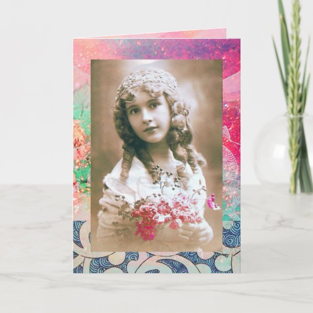 Cartes Pour Fêtes Annuelles FILLE vintage AUX FLEURS (Devant)
