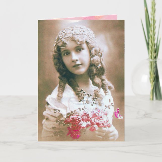 Cartes Pour Fêtes Annuelles FILLE vintage AUX FLEURS (Devant)