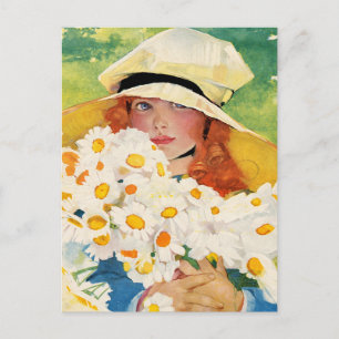 Cartes Pour Fêtes Annuelles Fille vintage avec des marguerites