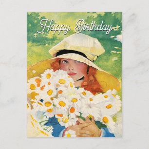 Cartes Pour Fêtes Annuelles Fille vintage avec des marguerites
