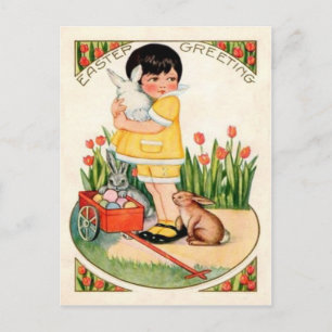 Cartes Pour Fêtes Annuelles Fille vintage Avec Poubelles Et Oeufs Pâques Pâque