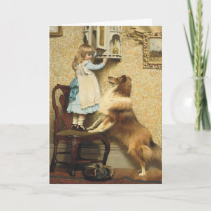 Cartes Pour Fêtes Annuelles Fille Vintage et Art de Chien Sheltie Lieu Secret