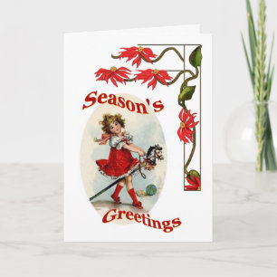 Cartes Pour Fêtes Annuelles Fille Vintage Joyeuses Fêtes & Poinsettias