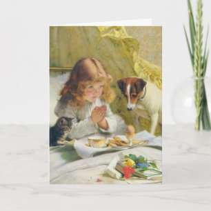 Cartes Pour Fêtes Annuelles Fille Vintage priant avec l'art de chat et de chie