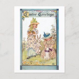 Cartes Pour Fêtes Annuelles Filles de campagne vintages avec lapins de Pâques