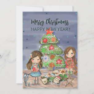Cartes Pour Fêtes Annuelles Filles décorant l'arbre de Noël
