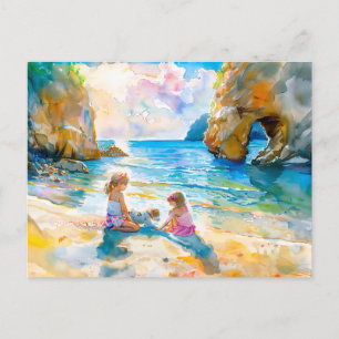 Cartes Pour Fêtes Annuelles Filles jouant au rocher de mer aquarelle arc