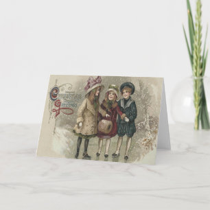 Cartes Pour Fêtes Annuelles Filles patinant sur un étang gelé enneigé