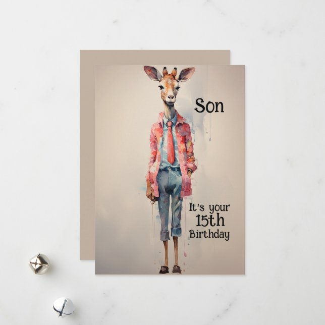 Cartes Pour Fêtes Annuelles Fils 15e anniversaire Giraffe Abstraite (Devant/Arrière en situation)