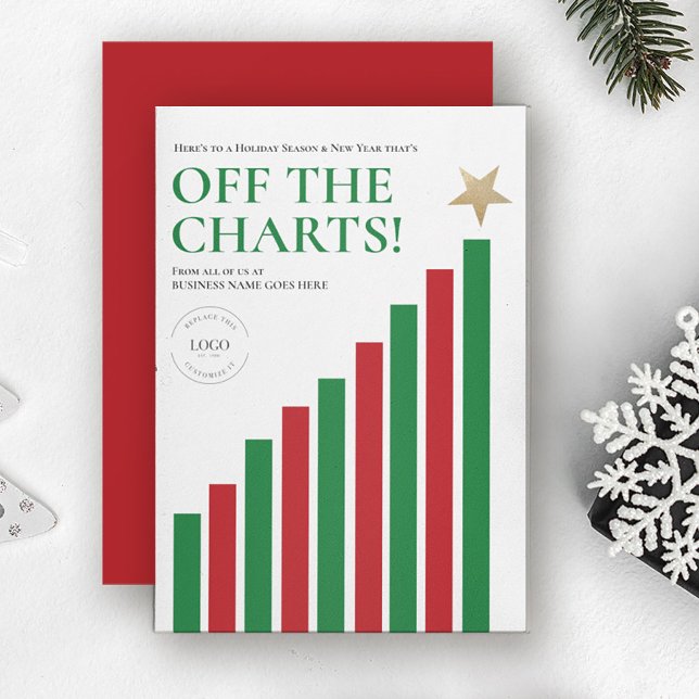 Cartes Pour Fêtes Annuelles Finance Industrie Happy New Years (Off the charts red, green, gold financial business christmas holiday cards with logo.)