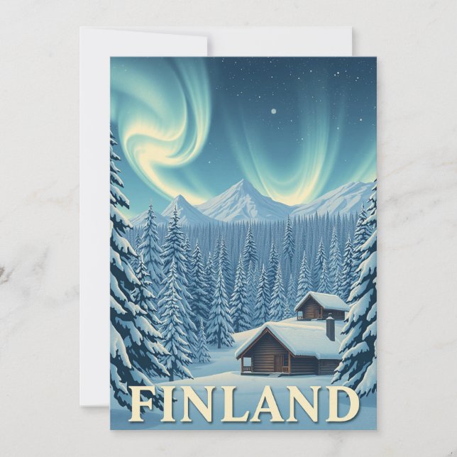 Cartes Pour Fêtes Annuelles Finland Northern Lights Winter Cabin Flat Card (Devant)