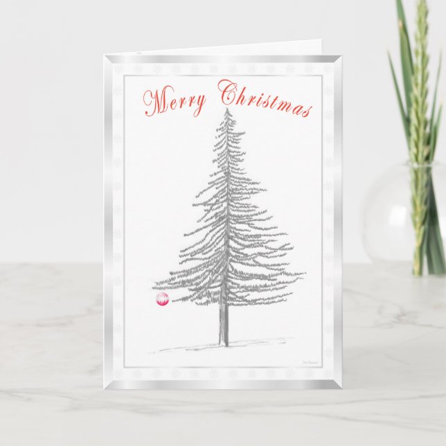 Cartes Pour Fêtes Annuelles Fir Tree Sketch with Silver Snowflake Border (Devant)