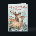 Cartes Pour Fêtes Annuelles "First Christmas Married" Modern Floral Watercolor<br><div class="desc">"Merry First Christmas Married" est Christmas Winter Snowy Scene with a Buck and Doe. She is adorned with Christmas Floral Headpiece and Necklace. They live amongst the fir trees, foliage and berries, creating a Magical Woodlands Christmas backdrop. Each element is carefully hand painted in watercolors and individually placed. Popular moderne...</div>