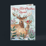 Cartes Pour Fêtes Annuelles "First Christmas Married" Modern Floral Watercolor<br><div class="desc">"Merry First Christmas Married" est Christmas Winter Snowy Scene with a Buck and Doe. She is adorned with Christmas Floral Headpiece and Necklace. They live amongst the fir trees, foliage and berries, creating a Magical Woodlands Christmas backdrop. Each element is carefully hand painted in watercolors and individually placed. Popular moderne...</div>