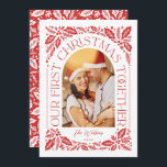 Cartes Pour Fêtes Annuelles First Christmas Together Arch Red 3 Photo Collage<br><div class="desc">Célébrez votre premier Noël avec une carte spéciale. Une carte de vacances unique et moderne avec une forme en arc photo avec une typographie de style moderne qui tourne élégamment autour de votre photo, et des oeuvres d'art de feuillage d'hiver dessinées à la main. Le dos dispose d'un motif correspondant...</div>