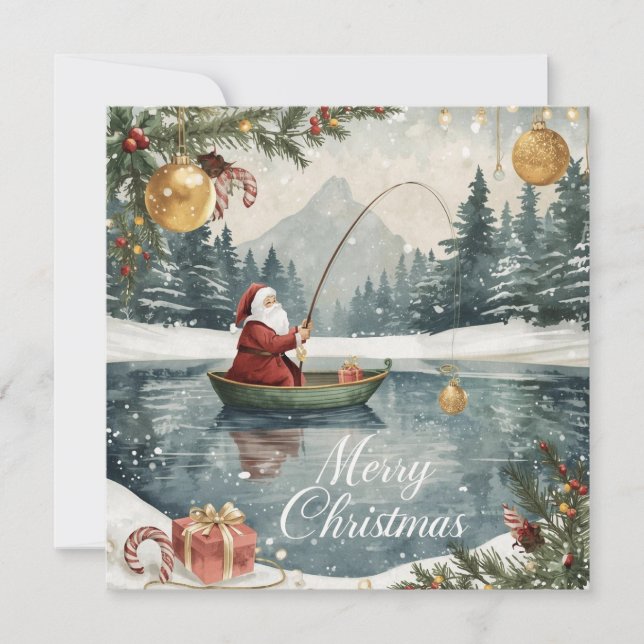 Cartes Pour Fêtes Annuelles Fishing Christmas with Santa Claus in the Winter (Devant)