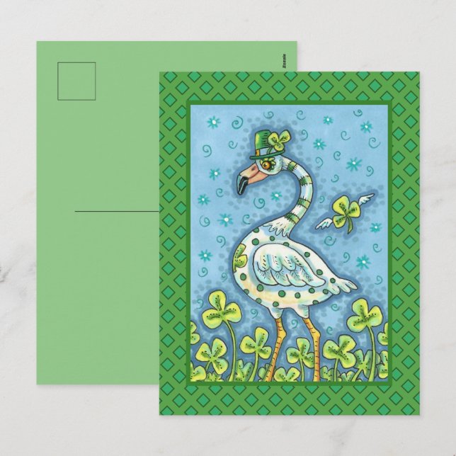 CARTES POUR FÊTES ANNUELLES FLAMANT ROSE À POINTS VERTS, ST. PATRICK DRÔLE (Devant / Derrière)