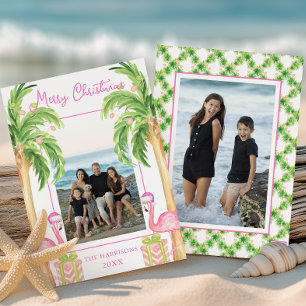 Cartes Pour Fêtes Annuelles Flamant Rose Aquarelle Plage Noël Photo