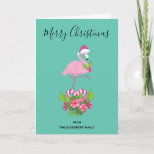 Cartes Pour Fêtes Annuelles Flamant rose avec chapeau de Père Noël et bouquet 