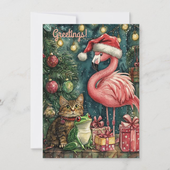 Cartes Pour Fêtes Annuelles Flamant Rose Chat & Grenouille Noël Tropical  (Devant)