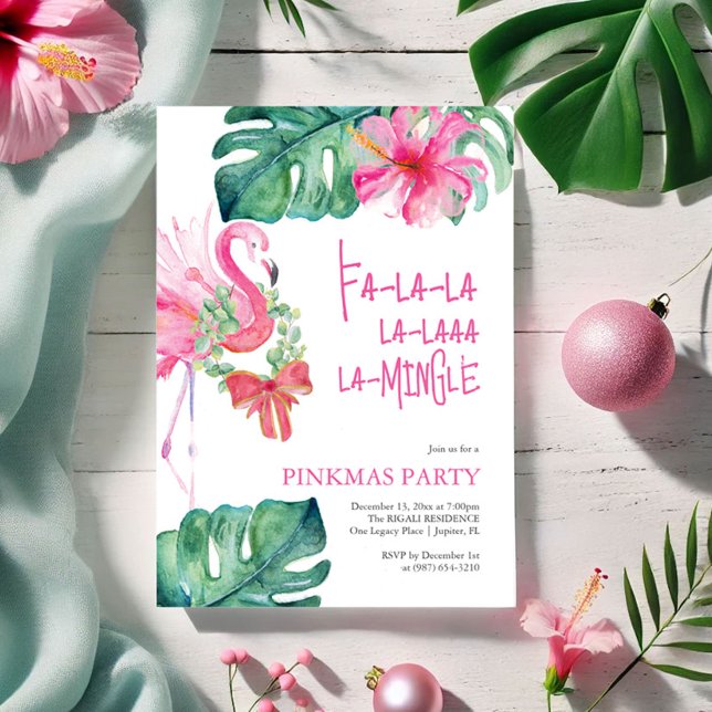 Cartes Pour Fêtes Annuelles Flamant rose d'aquarelle Tropical Christmas Party (Pinkmas Christmas invitations watercolor tropical art by Victoria Grigaliunas of Do Tell A Belle)