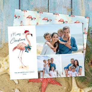 Cartes Pour Fêtes Annuelles Flamant rose de Noël Tropical Beach Photo