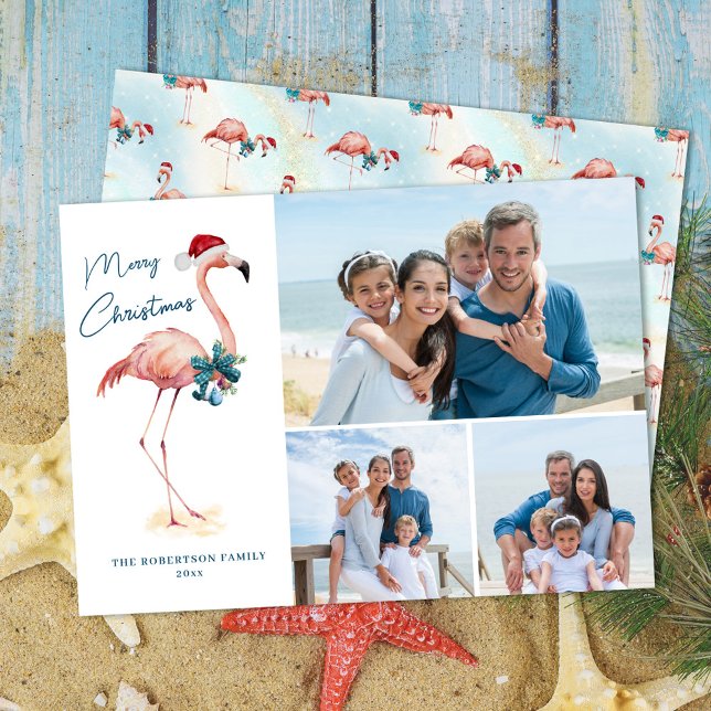 Cartes Pour Fêtes Annuelles Flamant rose de Noël Tropical Beach Photo (Créateur téléchargé)
